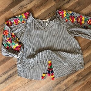 Striped, embroidered boho top